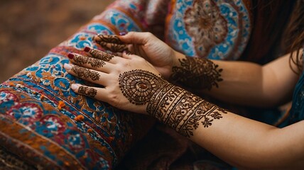 A young woman with intricate henna designs on her hands, relaxed on a colorful textile background.