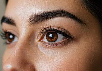 Fototapeta premium A close-up shot showcases the captivating brown eyes and perfectly shaped eyebrows of a woman.