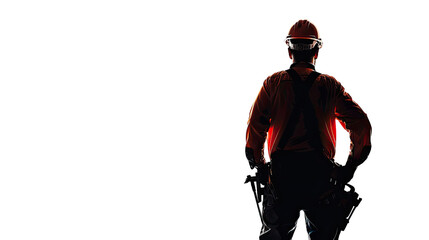 Naklejka premium Silhouette of Construction Worker: A determined construction worker, seen from behind, stands in silhouette, exuding strength and resilience, ready to face the challenges of the day.