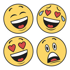 Collection of cheerful cartoon smiley faces with various expressions and emotions in bright yellow, including happy, sad, angry, and funny icons