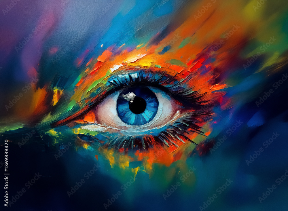Poster a vividly colored eye is portrayed in an abstract, painterly style with dynamic brushstrokes. the ar
