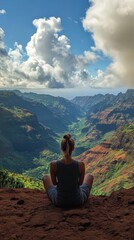 Fototapeta premium Serene View of a Tourist Overlooking a Majestic Mountain Valley