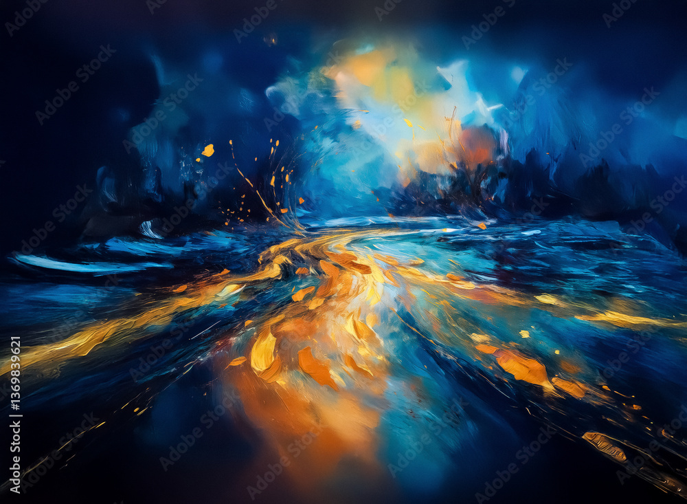 Poster abstract painting featuring dynamic brushstrokes in deep blue and gold hues. a vibrant, central path