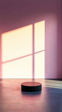 Minimalist interior: round pedestal, pink wall, sunlit window