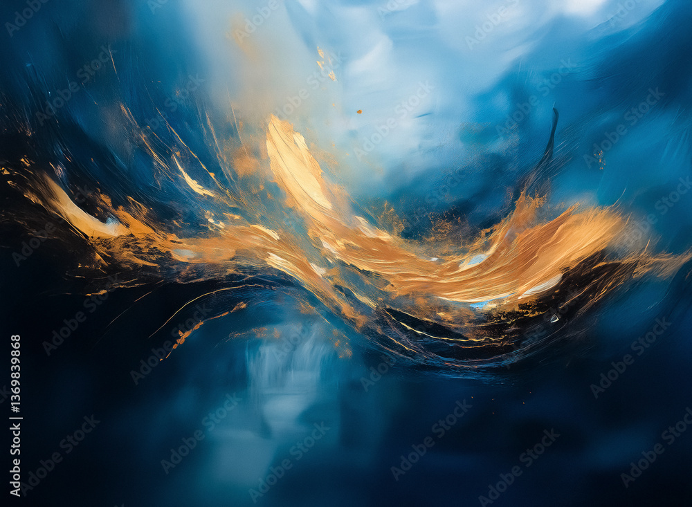 Aufkleber Abstract artwork featuring dynamic swirls of deep blue and shimmering gold hues. The painting evokes a sense of fluid motion and luxurious elegance with its contrasting colors.