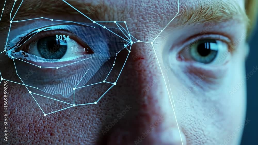 Aufkleber A closeup shot of a persons face in front of a facial recognition camera with facial landmarks mapped out in realtime. The softwares grid overlays seamlessly track features such as