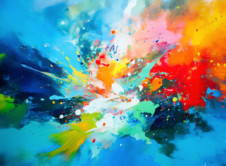 Vibrant abstract painting featuring bold brushstrokes in blue, yellow, red, orange, pink, and white. Dynamic composition with splashes of color creating energetic movement.