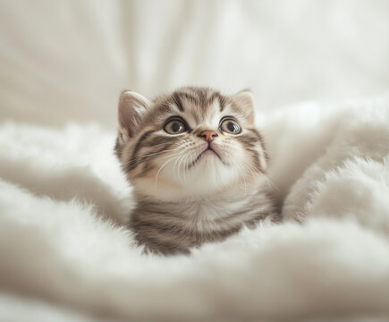 Adorable chubby Scottish Fold kittens resting on fluffy white blankets. This image series captures the sweet, innocent charm of baby cats in cozy, soft lighting – perfect for pet lovers and decor.