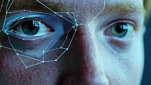 A closeup shot of a persons face in front of a facial recognition camera with facial landmarks mapped out in realtime. The softwares grid overlays seamlessly track features such as