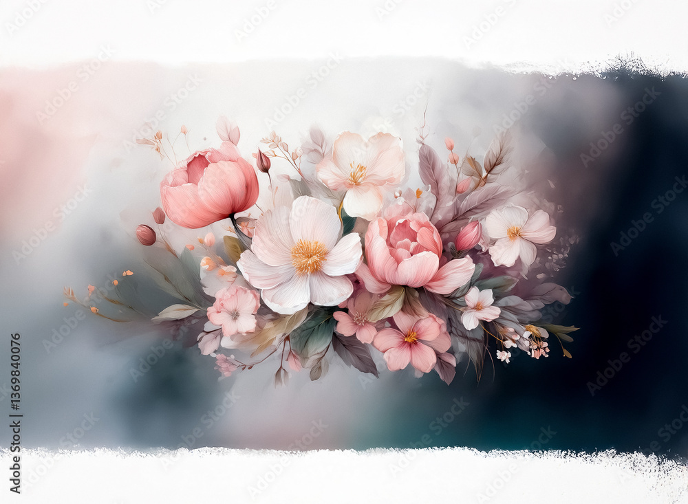 Poster a soft watercolor floral arrangement with delicate pink and white blossoms set against a blurred bac