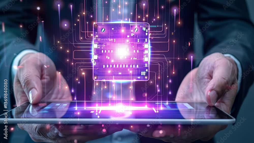 Poster a person presents a tablet displaying a luminous microchip surrounded by vibrant digital particles, 