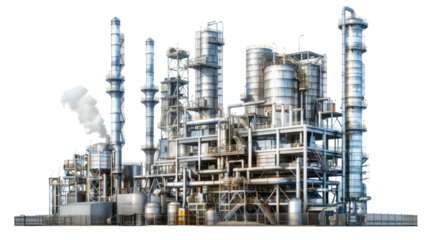 Industrial Marvel: An expansive industrial complex stands, exuding a sense of scale and technological prowess. With steam gently rising from its intricate network of structures.