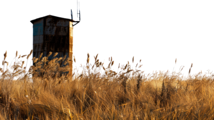 Weathered Shelter in the Field: An evocative image of a rustic shelter stands amidst a field of tall, golden grass, weathered and worn by the elements.