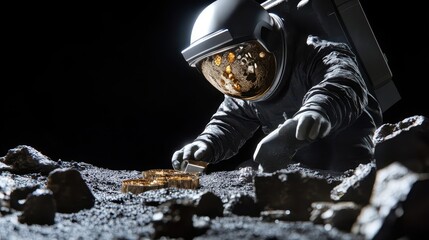 An astronaut meticulously examines a golden object on a desolate surface