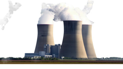 Harnessing Energy: A towering power station with large cooling towers releasing steam, illustrating the massive scale of industrial energy generation.