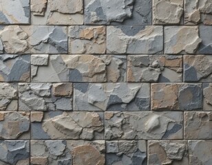 Fototapeta premium a wall lined with decorative stone of various sizes and shapes. Gray and beige shades create the effect of textured masonry, stone background