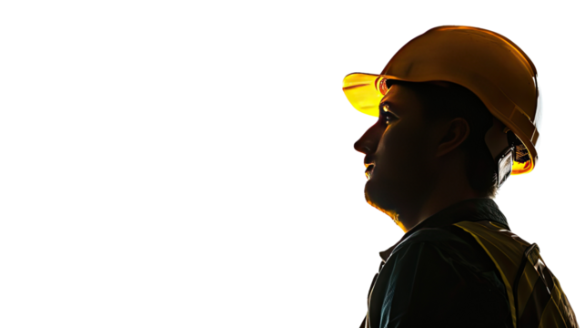 Construction Worker Silhouette: A determined construction worker is silhouetted, highlighting his profile with a hard hat and focused gaze, symbolizing dedication and the building of futures. 
