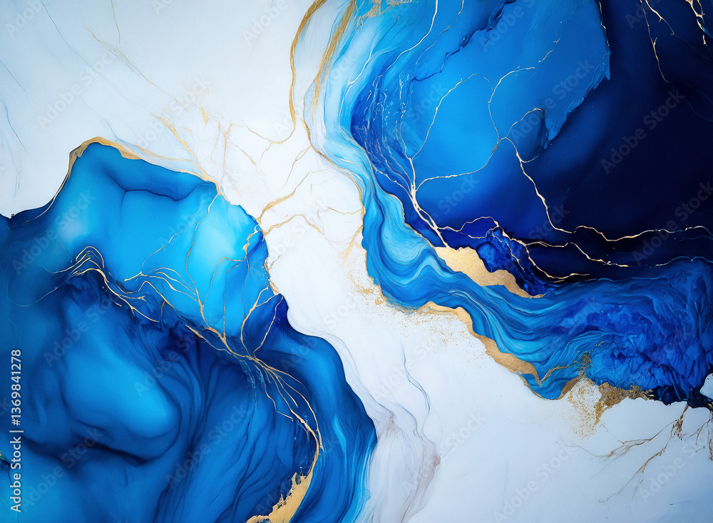Poster abstract fluid art with swirling blue and gold hues on a white backdrop. elegant design with flowing