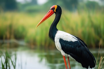 Majestic black stork standing elegantly near a serene wetland at dawn © Dmitrii