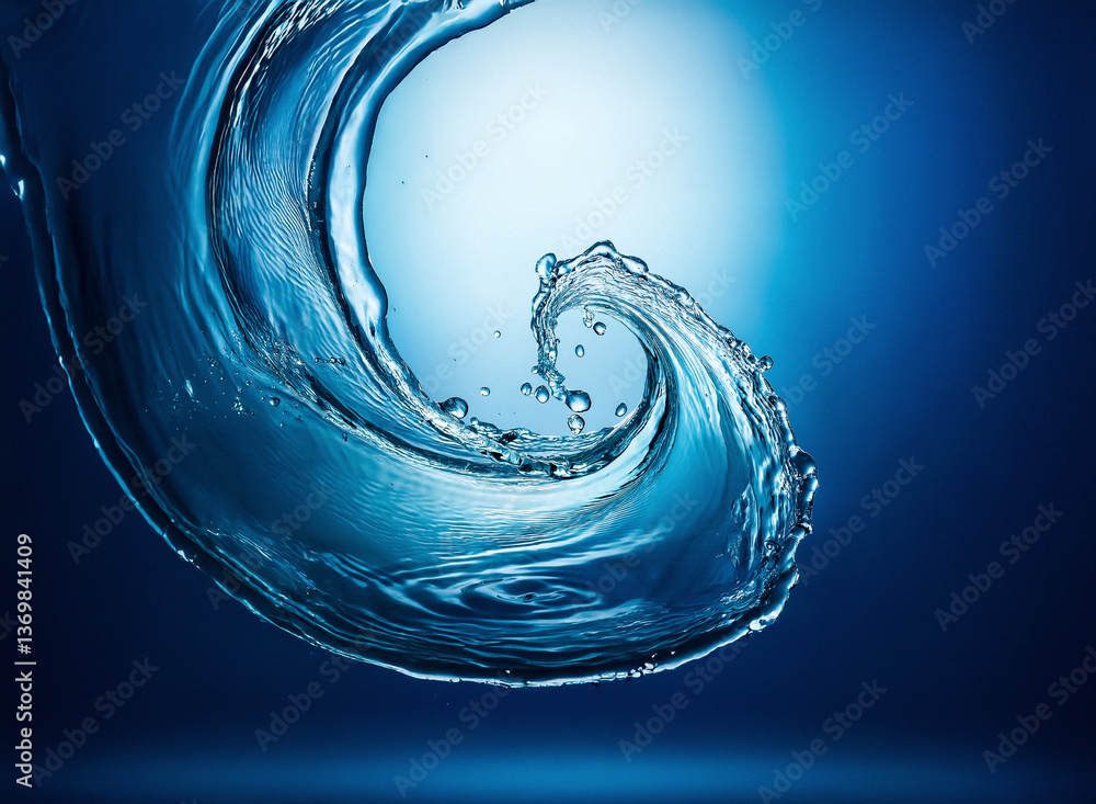 Poster a dynamic swirl of blue water crests and curves, showcasing fluid motion against a gradient blue bac