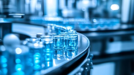 An assembly line in a modern factory with numerous glass bottles moving along a conveyor belt, showcasing the industrial automation and efficiency of the manufacturing process.