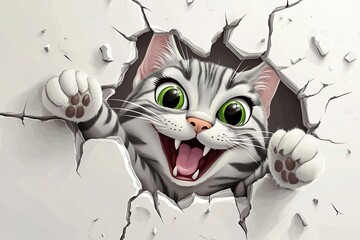 A wild gray cat breaking through white wall with a hole