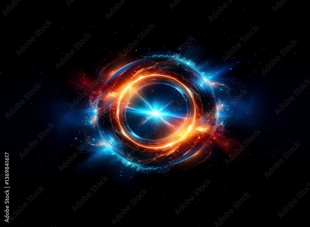 Aufkleber abstract glowing circular form with vibrant blue and orange hues, emanating light on a dark backdrop