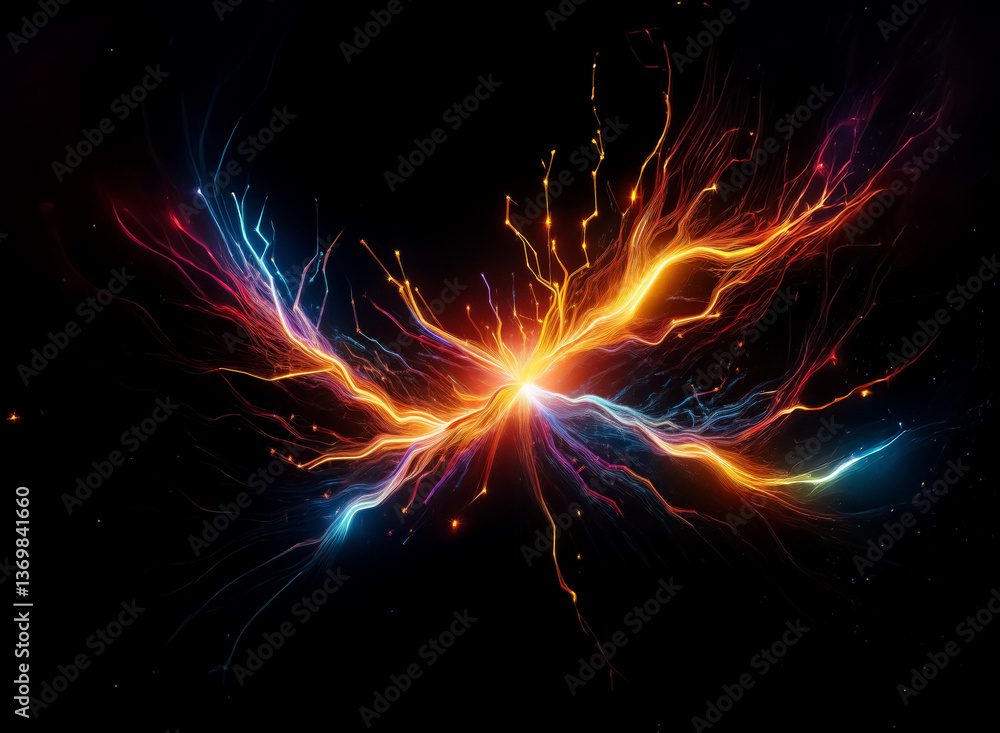 Poster vivid light streaks burst from a central point on black, creating an energetic abstract display of v