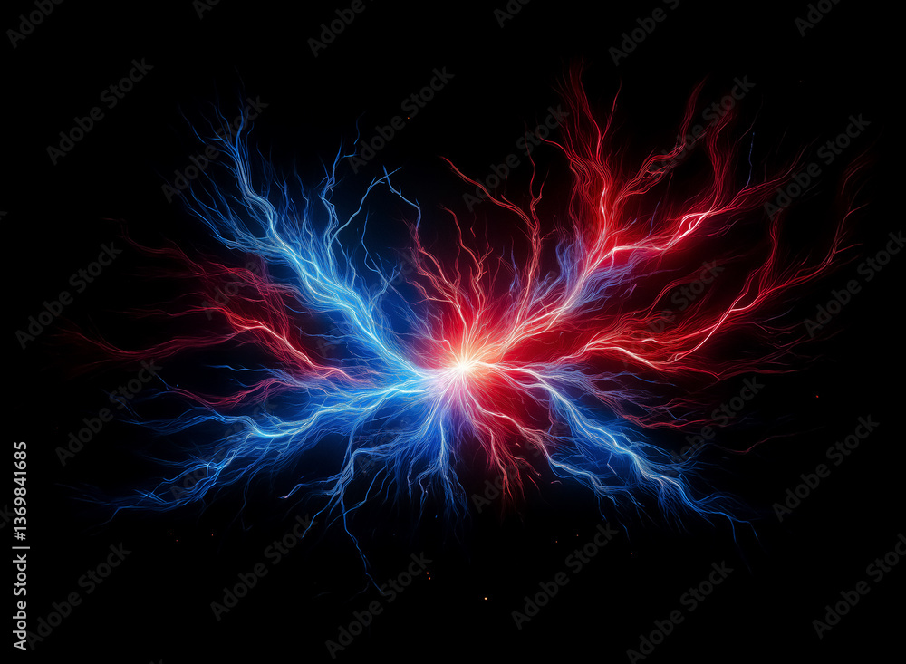 Aufkleber vibrant red and blue lightning bolts collide dramatically in the center against a dark backdrop, cre