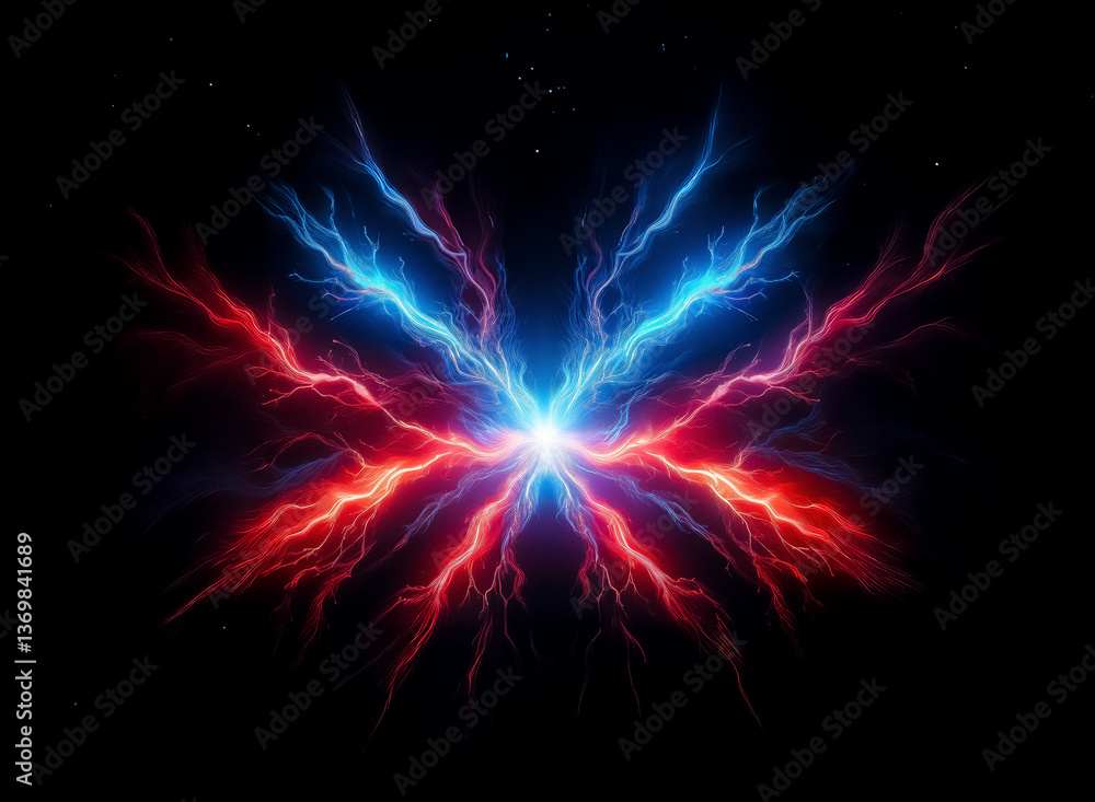 Leinwandbilder striking blue and red lightning bolts radiate from a central point against a dark background, creati