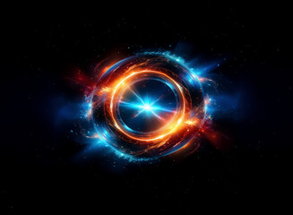 Fototapeta premium Abstract glowing circular form with vibrant blue and orange hues, emanating light on a dark backdrop. Looks like energy portal or cosmic ring.