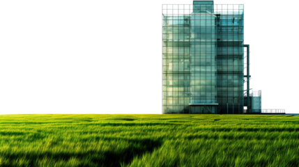 Eco-Friendly Skyscraper: A sleek modern skyscraper with reflective glass windows rises against a lush field of green grass, representing sustainability and progress.
