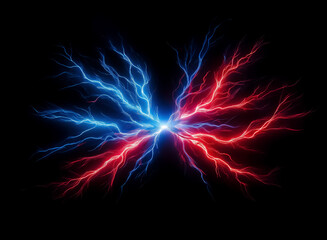 Fototapeta premium Striking display of energy with vibrant blue and red lightning bolts emanating from a central point on a stark black backdrop, creating a powerful visual of opposing forces colliding.