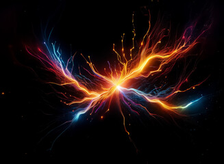 Fototapeta premium Vivid light streaks burst from a central point on black, creating an energetic abstract display of vibrant colors and luminous intensity.
