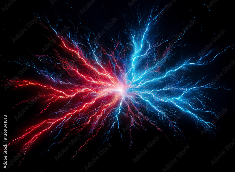 Aufkleber a vibrant clash of red and blue lightning bolts illuminates the dark background, converging in a bri