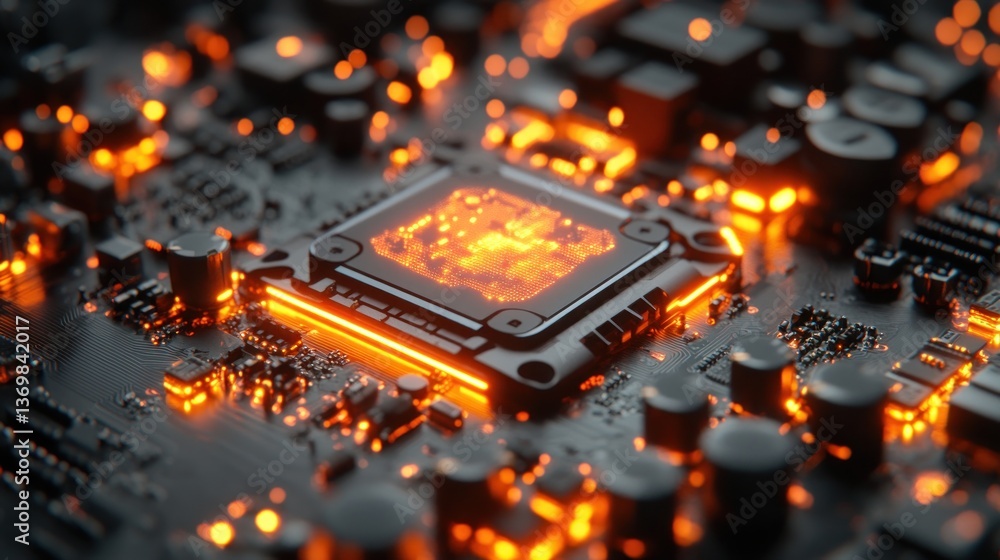 Poster glowing circuits: a close-up of a computer motherboard's central processing unit