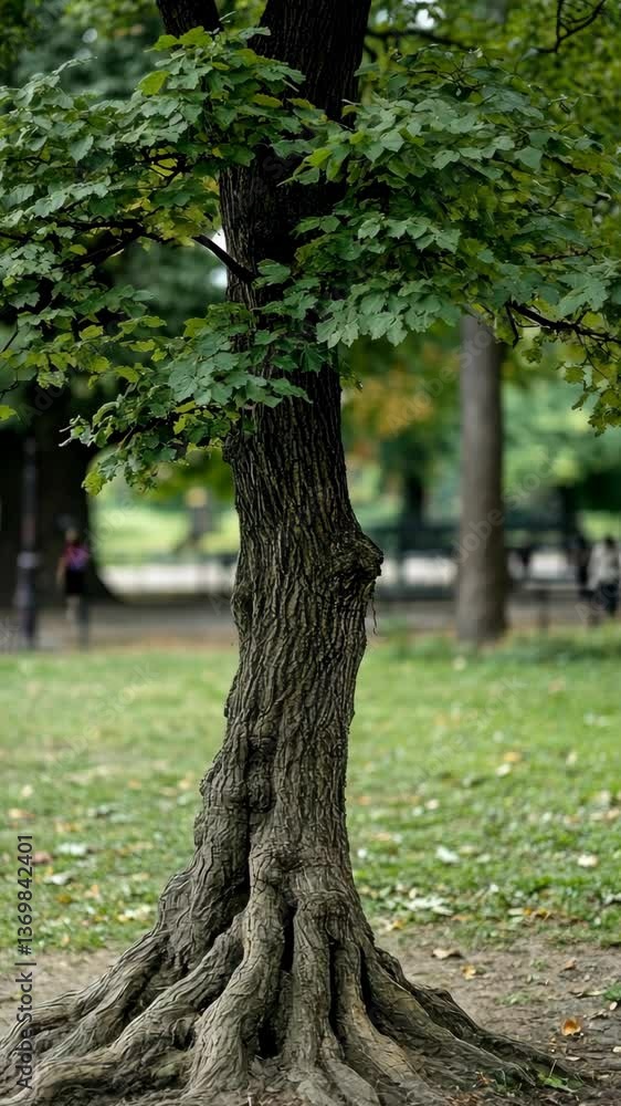 Poster tree with lush green foliage stands in a park surrounded by soft grass and distant figures during a 