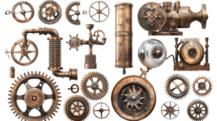 Steampunk Mechanical Components: An assortment of intricate steampunk-inspired mechanical parts and gears, each element displays a unique design.