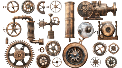 Steampunk Mechanical Components: An assortment of intricate steampunk-inspired mechanical parts and gears, each element displays a unique design.