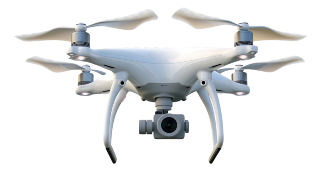 Aerial Technology: A modern drone, featuring a sleek white design and advanced camera system, hovers mid-air, showcasing the cutting-edge of aerial technology.