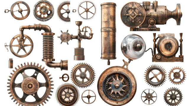 Steampunk Mechanical Components: An assortment of intricate steampunk-inspired mechanical parts and gears, each element displays a unique design.