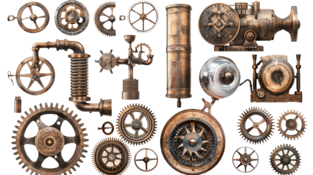 Steampunk Mechanical Components: An assortment of intricate steampunk-inspired mechanical parts and gears, each element displays a unique design.