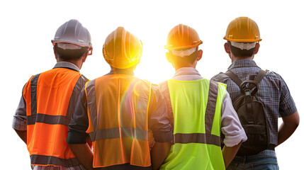 Team of Construction Workers: A determined team of construction workers, clad in hard hats and safety vests, stands shoulder to shoulder.