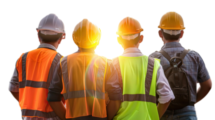 Team of Construction Workers: A determined team of construction workers, clad in hard hats and safety vests, stands shoulder to shoulder.