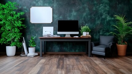 Modern Home Office Workspace with Dark Green Wall and Stylish Decor