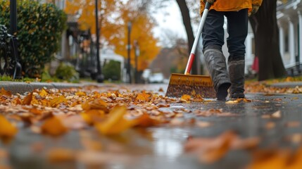 Person sweeping autumn leaves on a wet residential street