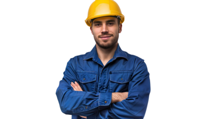 Confident Builder: A strong, composed builder with a yellow hard hat, stands confidently with arms crossed, a portrait of professionalism and dedication, representing reliability and experience.