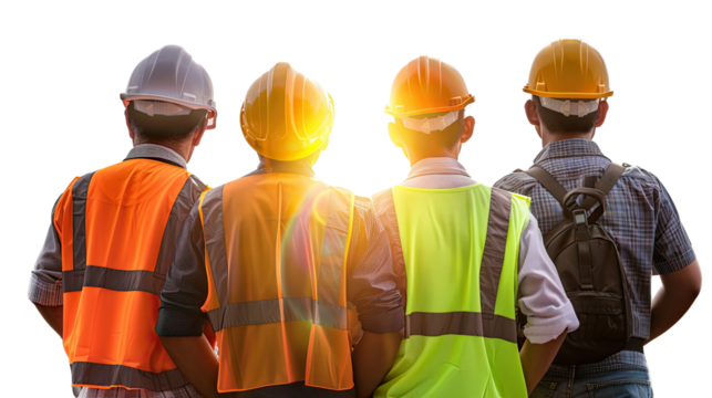 Team of Construction Workers: A determined team of construction workers, clad in hard hats and safety vests, stands shoulder to shoulder.