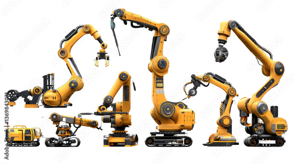 Aufkleber industrial automation: a cluster of industrial robotic arms, displaying a range of sizes, shapes, an
