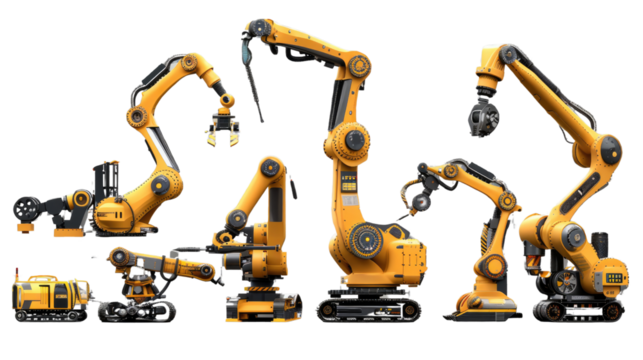 Industrial Automation: A cluster of industrial robotic arms, displaying a range of sizes, shapes, and functions, demonstrating cutting-edge technology in a modern factory environment.